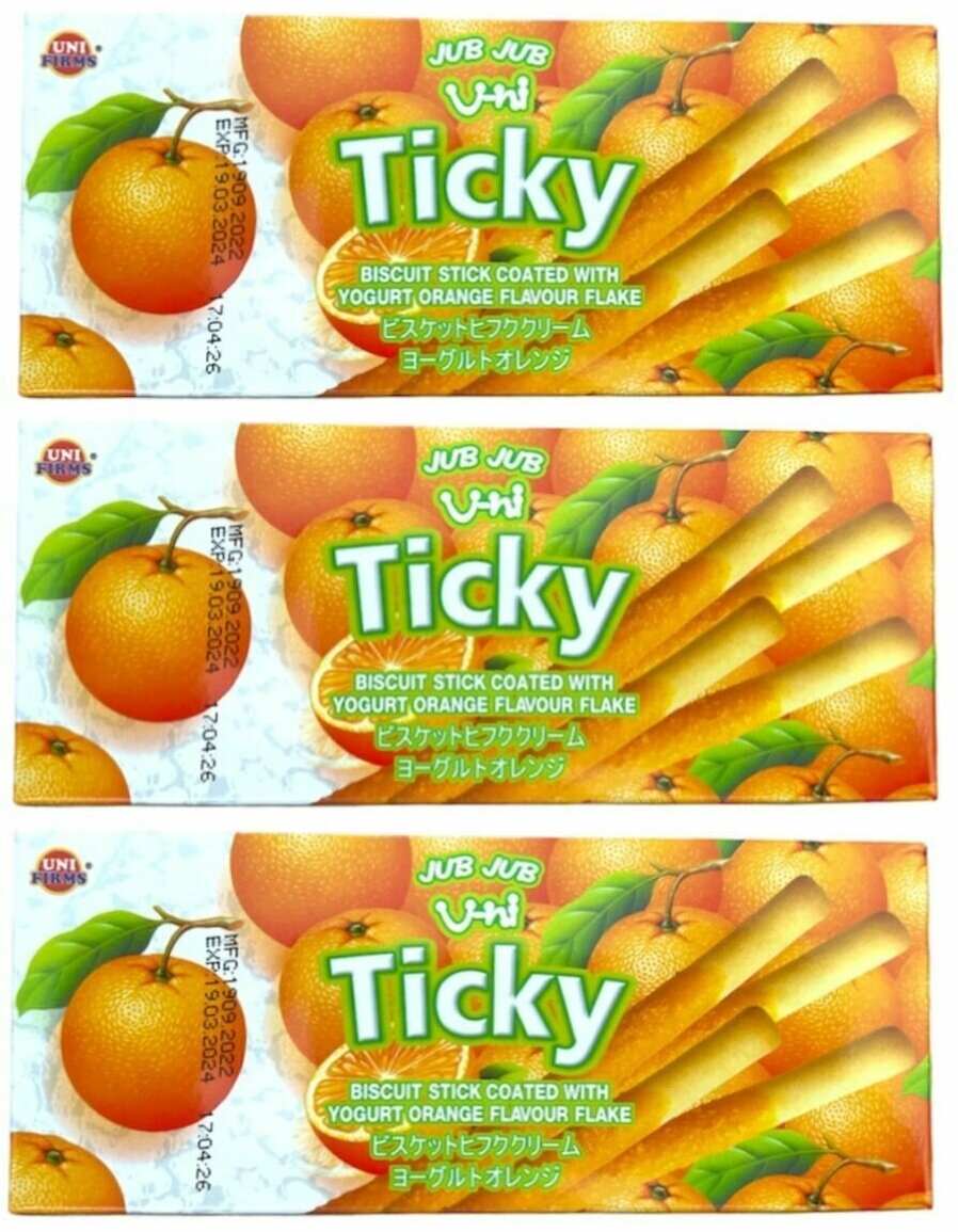 Ticky Палочки бисквитные покрытые кремом Апельсиновый йогурт 3 шт. по 20 г, Таиланд - фотография № 1