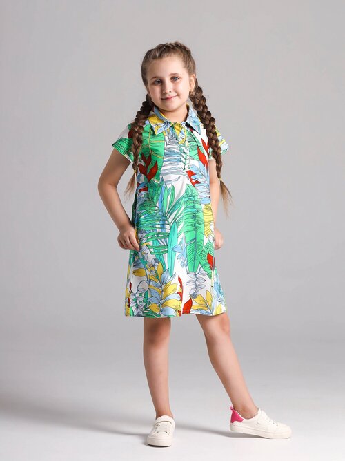 Платье-поло Оригинальные платья для девочек, хлопок, флористический принт, размер 32(122), мультиколор
