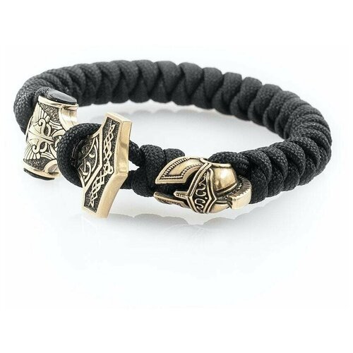 фото Браслет мужской из черного паракорда с молотом тора и шлемом спартанца из бронзы сила и отвага markstone