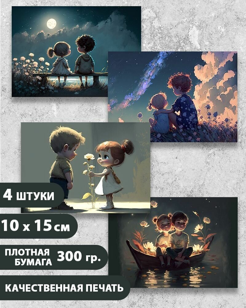 Набор открыток Валентинка "Романтики 3", 10.5 см х 15 см, 4 шт, InspirationTime, на подарок и в коллекцию