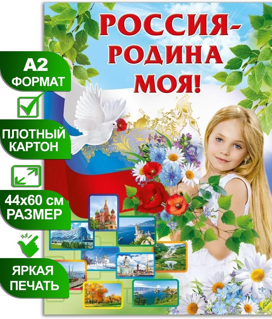 Обучающий плакат А2 с государственной символикой "Россия - Родина моя!", 44х60 см, картон, 1 шт.