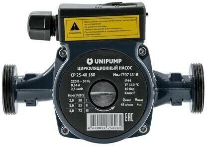 Насос циркуляционный UNIPUMP СР 25-60 180 (0,093 кВт, PN10, Hmax 6 м, 1х230В, чугун)