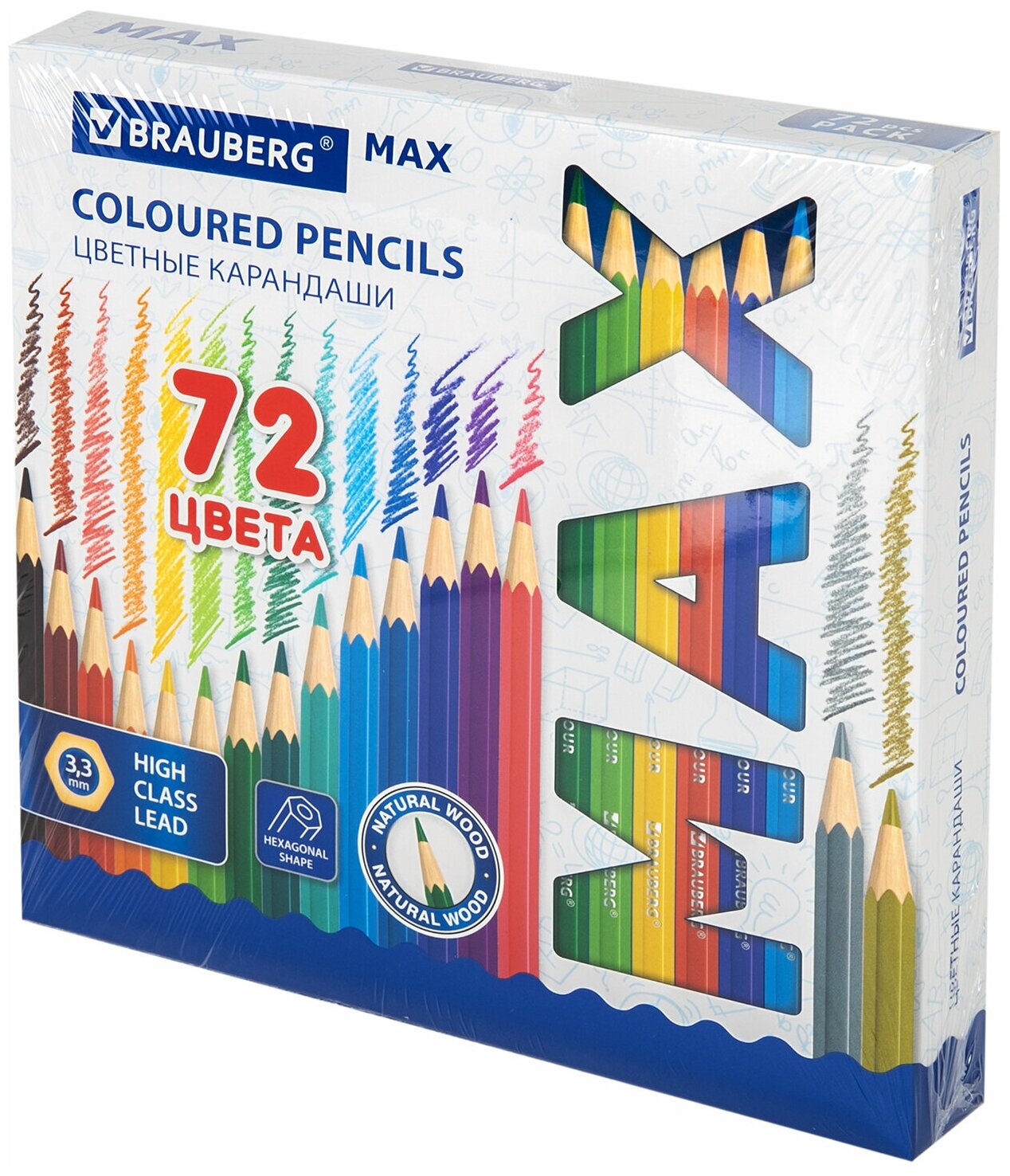 Карандаши цветные супермягкие яркие классические BRAUBERG MAX, 72 цвета, грифель 3,3 мм, 181861 - 1 уп.