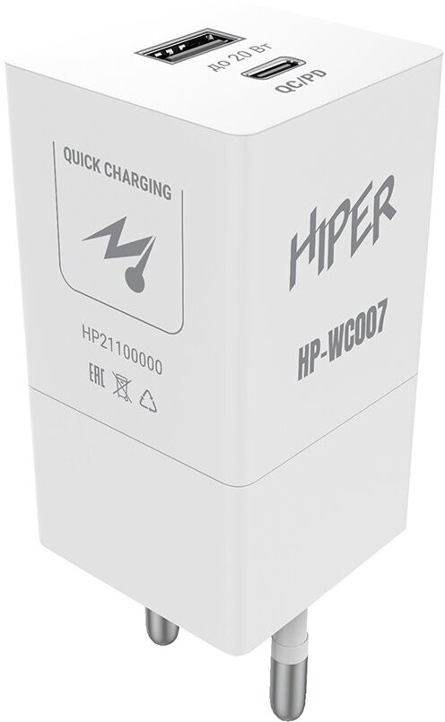 Сетевое зарядное устройство HIPER HP-WC007, до 20Вт, USB, USB Type-C, Белый HP-WC007
