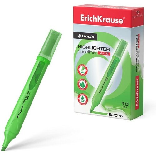 Маркер текстовыделитель ErichKrause Liquid Visioline V-14 Neon, 0.6-4.0 мм, жидкие чернила на водной основе, зелёный(10 шт.)