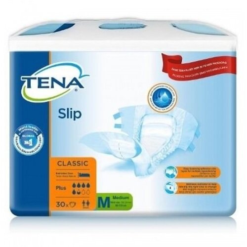 Подгузники памперсы для взрослых TENA Slip Classic Plus, M (Medium), Unisex, 5,5 капель, Объем талии 80 - 115 см., 30 шт., 21140301