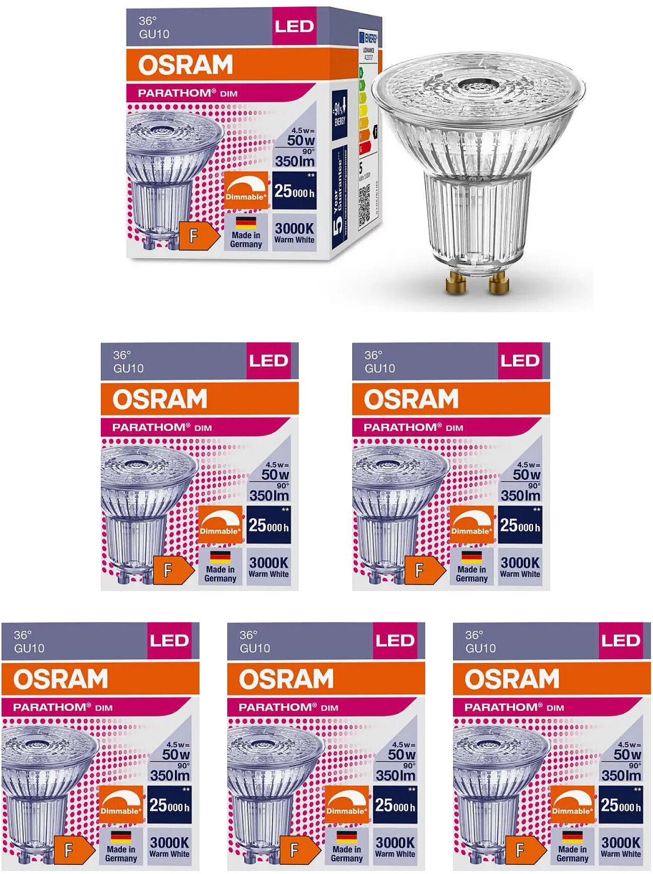 Лампочка светодиодная OSRAM Софит PAR16 GU10 4,5Вт 220В 350Лм 3000К Теплый белый Диммируемая, упаковка 5шт