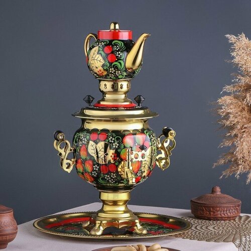 Набор Хохлома овал 3 предмета самовар 3 л заварочный чайник 07 л поднос 30406₽