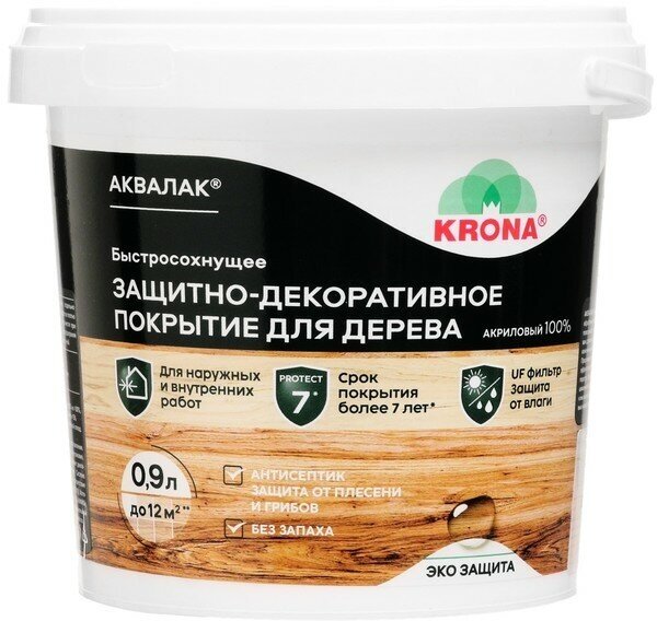 фото Лак защитно-декоративный для дерева Аквалак "KRONA" белый 0,9 л