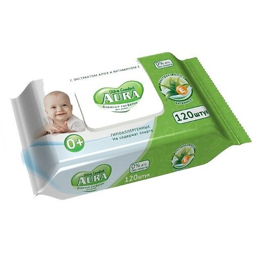 Набор из 3 штук Влажные салфетки для детей Aura Ultra Comfort "Aлоэ и витамин E" 120шт, с крышкой