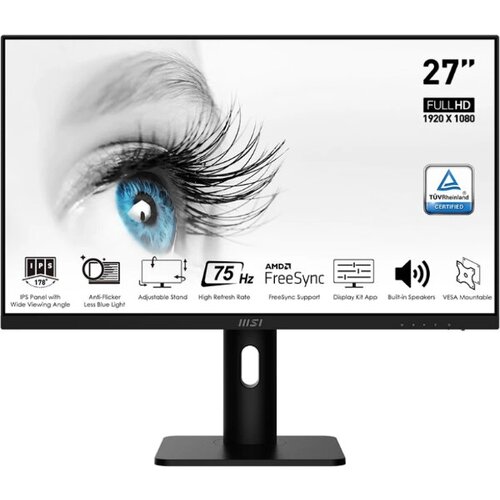 Монитор MSI PRO MP273P 27 16:9 FHD(1920x1080)IPS, 5ms(GTG), 1000:1, 100M:1, 250nit, 178/178, HDMI 1.4b, DP 1.2a, Speaker, VESA, Tilt, 75Hz, Kensington