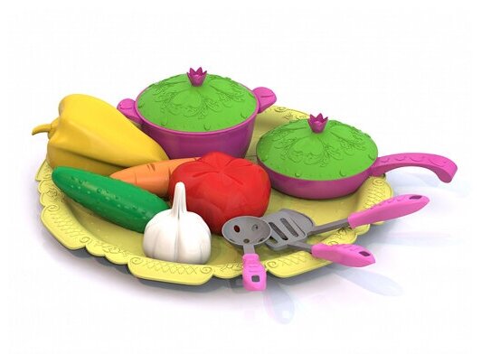 Набор овощей и кухонной посуды Волшебная Хозяюшка (12 предметов на подносе) 7х31,5х31,5 см. Н-624
