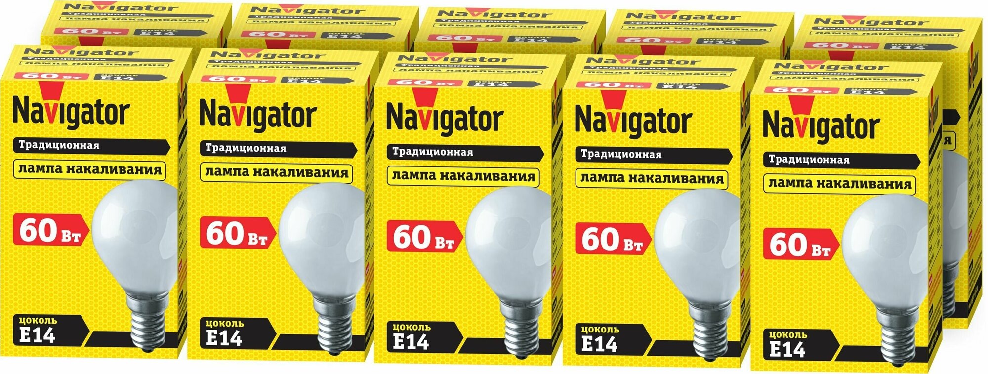 Лампа накаливания Navigator 94 317 NI-C, 60 Вт, шар, цоколь Е14, упаковка 10 шт.