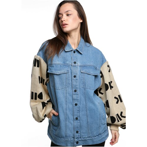 фото Куртка джинсовая с вязаными рукавами, размер oversize dnk