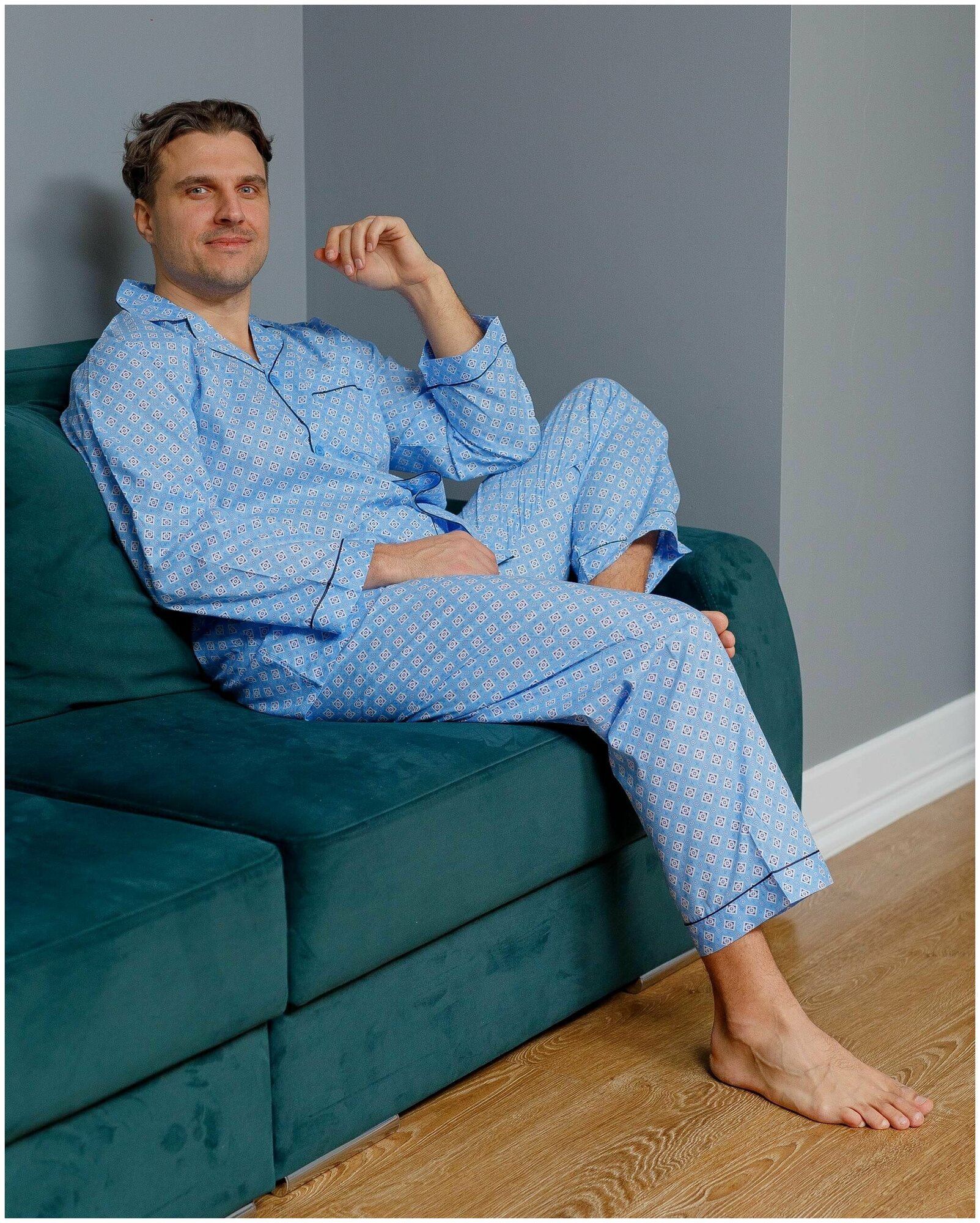 Пижама мужская с брюками и рубашкой с длинным рукавом хлопок Global - фотография № 8