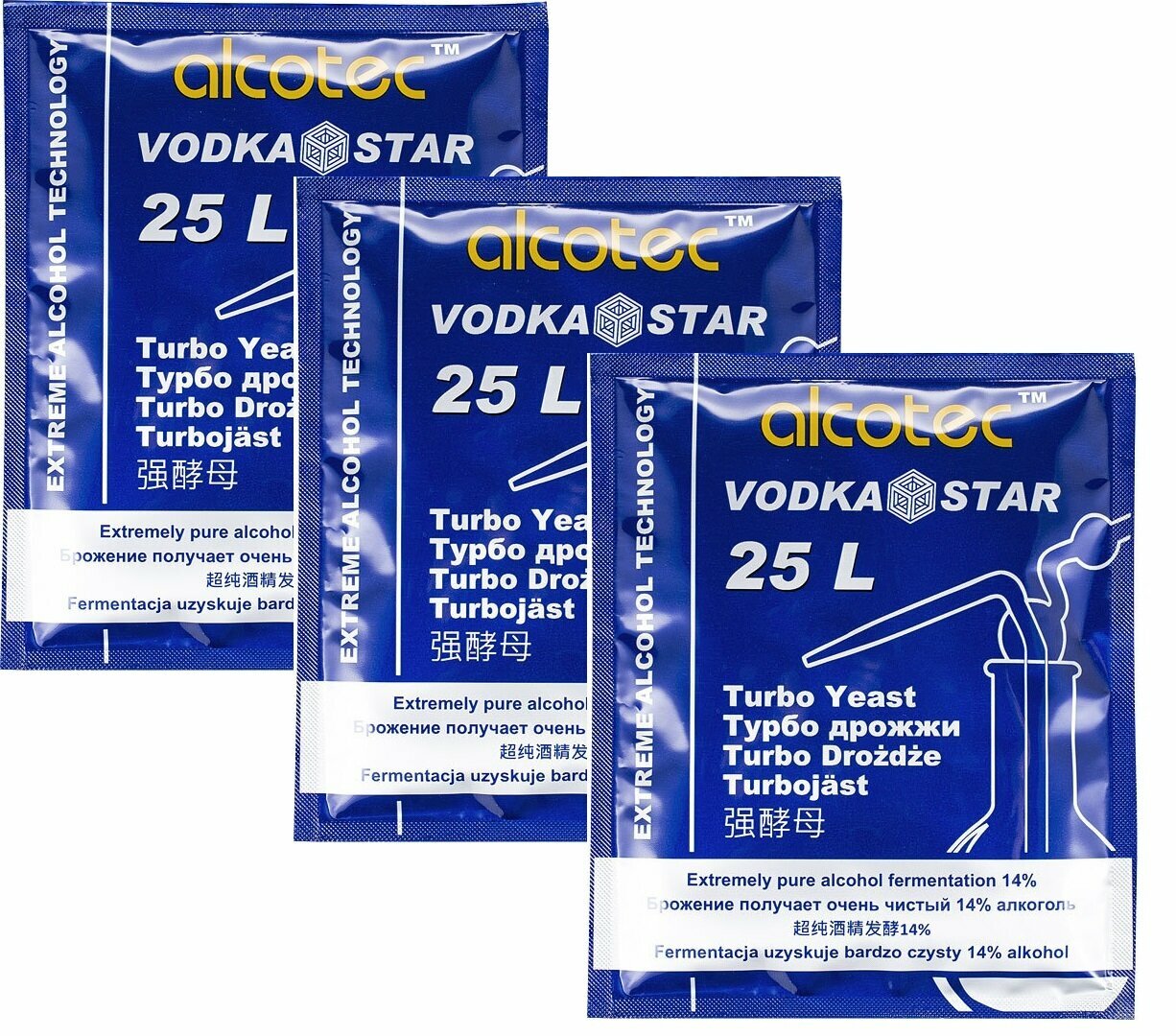 Дрожжи спиртовые Alcotec Vodka Star 25L, 3 шт. 198 гр.