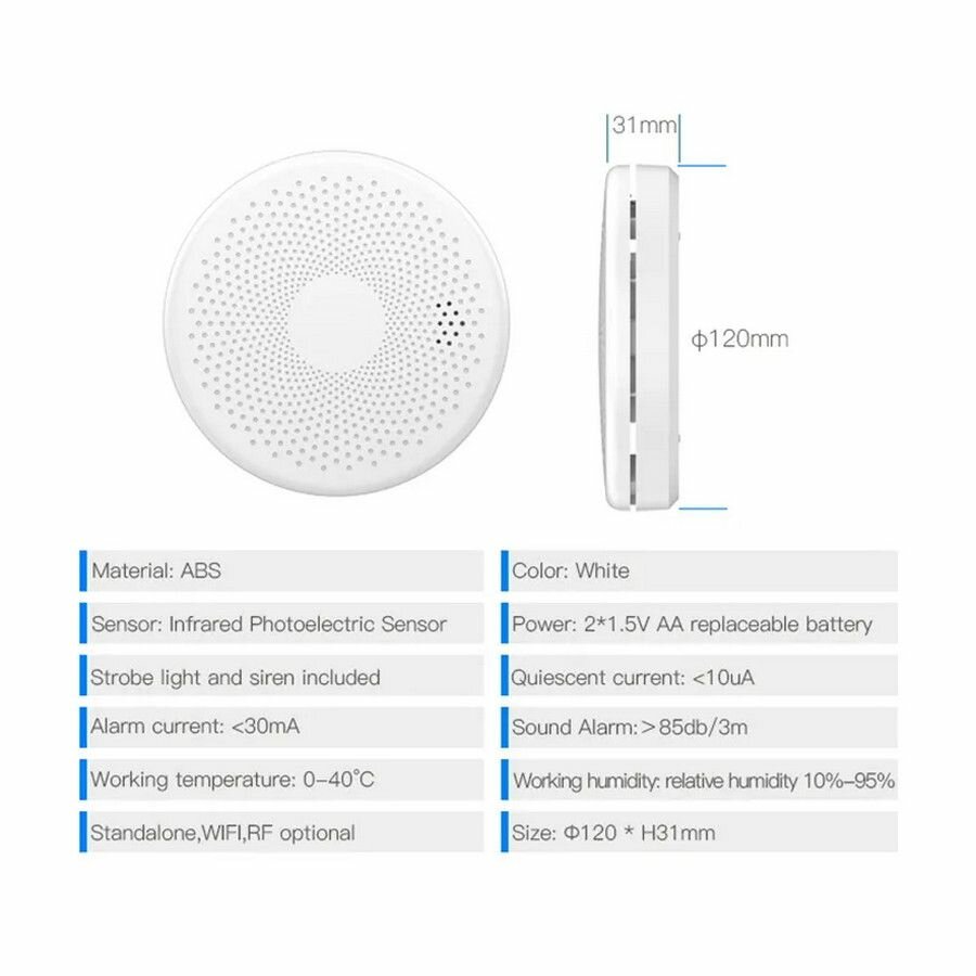 Умный беспроводной WI-FI датчик угарного газа CO и дыма детектор тревоги задымления и утечки Tuya Smart Life с оповещением