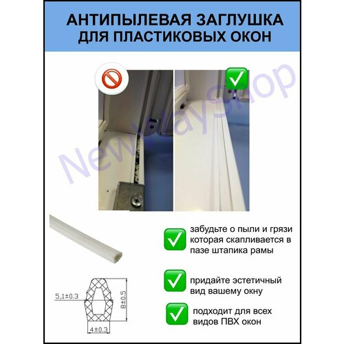 Уплотнитель антипылевой заглушка паза штапика для пластиковых окон и ПВХ дверей белый 5 метров