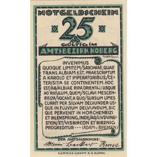 Германия (Веймарская Республика) Коберг 25 пфеннигов 1921 г. (Вид 2) германия веймарская республика зондерсхаузен 25 пфеннигов 1921 г вид 2 2