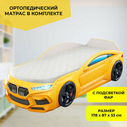Кровать-машина "Romeo" объемная желтая с матрасом и подсветкой фар в комплекте, спальное место 170х70 см