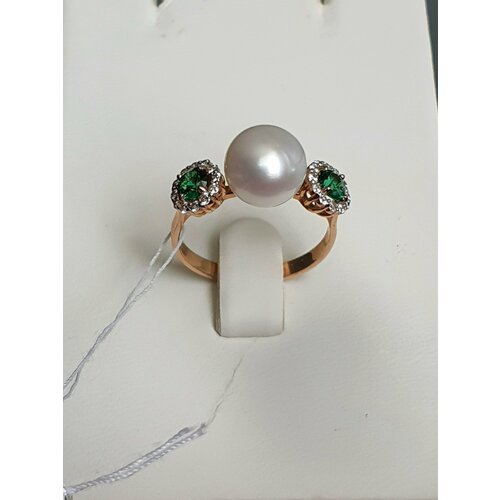 фото Кольцо, красное золото, 585 проба, жемчуг, фианит, шпинель синтетическая, размер 17.5, зеленый, белый нет бренда
