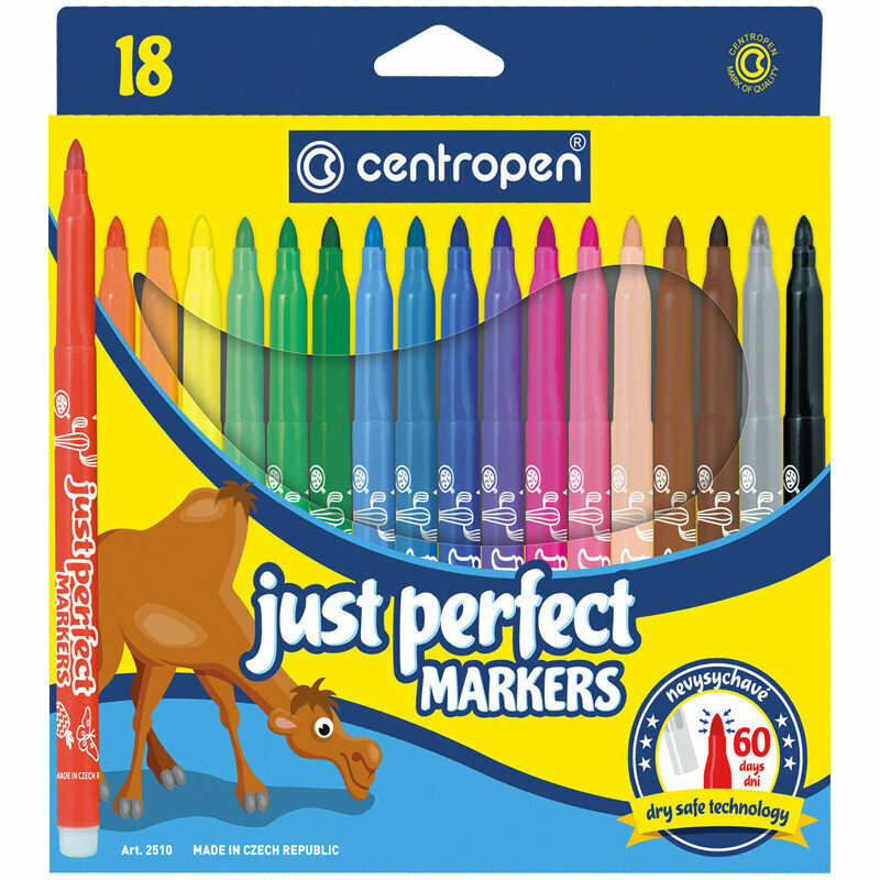 Фломастеры Centropen "Just Perfect", 18цв, трехгранные, смываемые, устойч. к высыханию, картон, европодвес, 115234