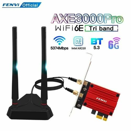 Сетевая карта Fenvi FV-AXE3000 Pro Wi-Fi 6, 2.4ГГц/ 5ГГц/ 6 ГГц, Wi-Fi 802.11AX/AC PCI Express, адаптер Bluetooth 5.3 3000 мбит с wi fi 6e intel ax210 комплект для настольного компьютера двухдиапазонный 802 11ax 2 4g 5g 6 ггц wi fi адаптер m 2 bluetooth wi fi сетевая карта win10