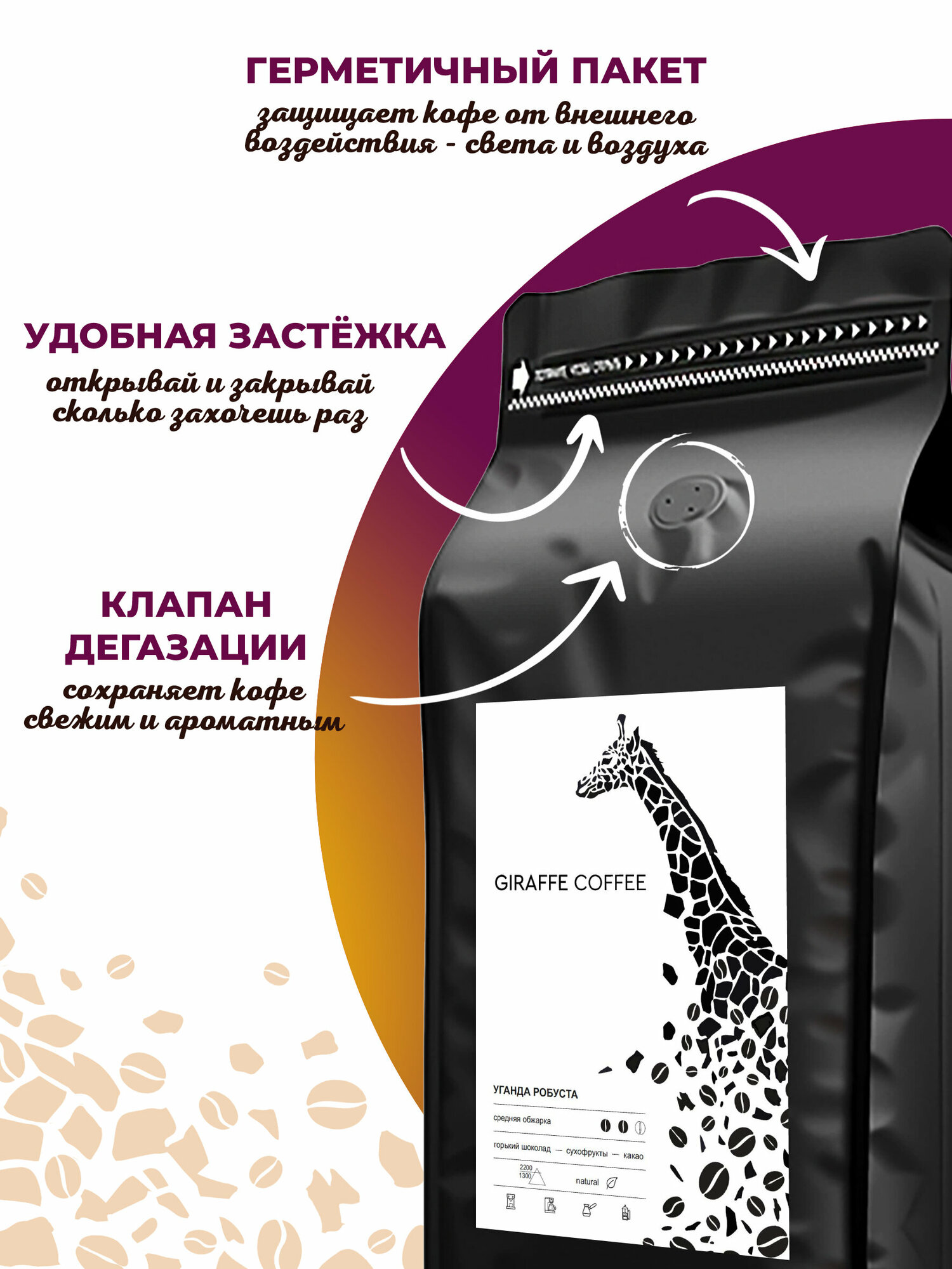 Кофе в зернах 500 грамм Giraffe Coffee Уганда Робуста 100%, натуральный зерновой кофе, свежеобжаренный, кофе для кофемашины