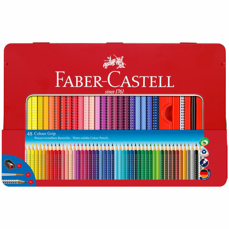 Карандаши цветные Faber-Castell "Grip", 48цв, трехгран, заточ.+ч/г кар. Grip+точилка+кисть, метал. коробка, 286597