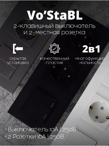 фото Двухклавишный выключатель с двумя розетками Vo’StaBL черный