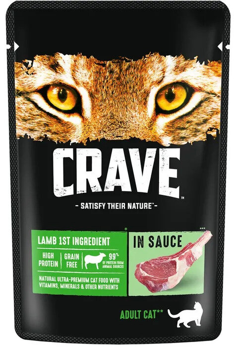 Crave корм влажный пауч для кошек Ягненок 70г (30штук)