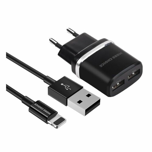 Сетевое зарядное устройство 2USB 2.4A в комплекте с кабелем Apple 8-pin More choice NC22i Black