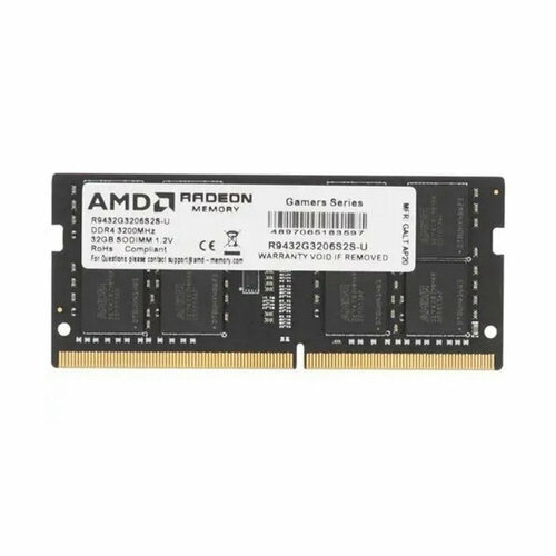 Модуль памяти 32GB AMD Radeon DDR4 3200 SO DIMM R9 Gamer Series Gaming Memory R9432G3206S2S-UO Non-ECC, CL16 R9432G3206S2S-UO 1.2V, Bulk/Tray оперативная память amd 32 gb dimm ddr4 3200 mhz r9 gamers series black gaming r9s432g3206u2s