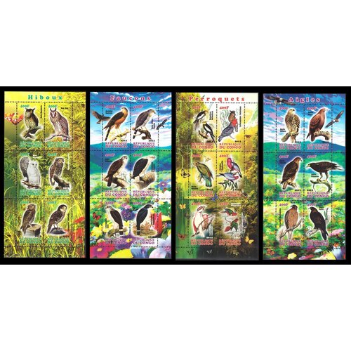 конго обезьяны фауна почтовые марки 2014 лист блок Почтовые марки Конго 2012 г. Фауна. Птицы. 4 малых листа. MNH(**)