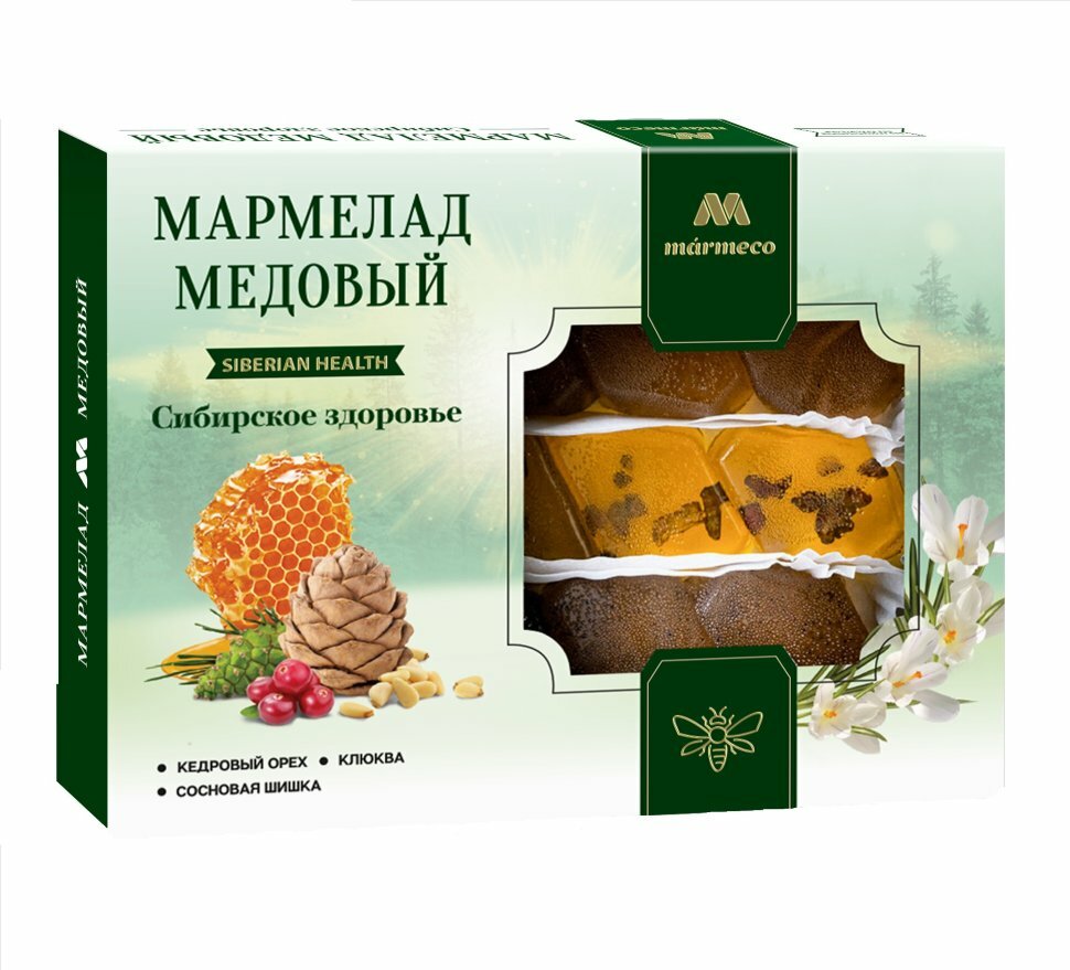 Мармелад Marmeco Медовый Сибирское здоровье с кедровым орехом клюквой и шишкой сосновой 200г - фото №3