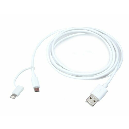 Дата-кабель Lightning MFI+microUSB, USB для Apple iPhone 5, 5C, 5S, 6, iPad 4, Air, Air2, Mini, Mini 2 Retina, Samsung, Lenovo, LG корпус ABS, белый азу 2 usb 2 4а дата кабель lightning mfi белый deppa