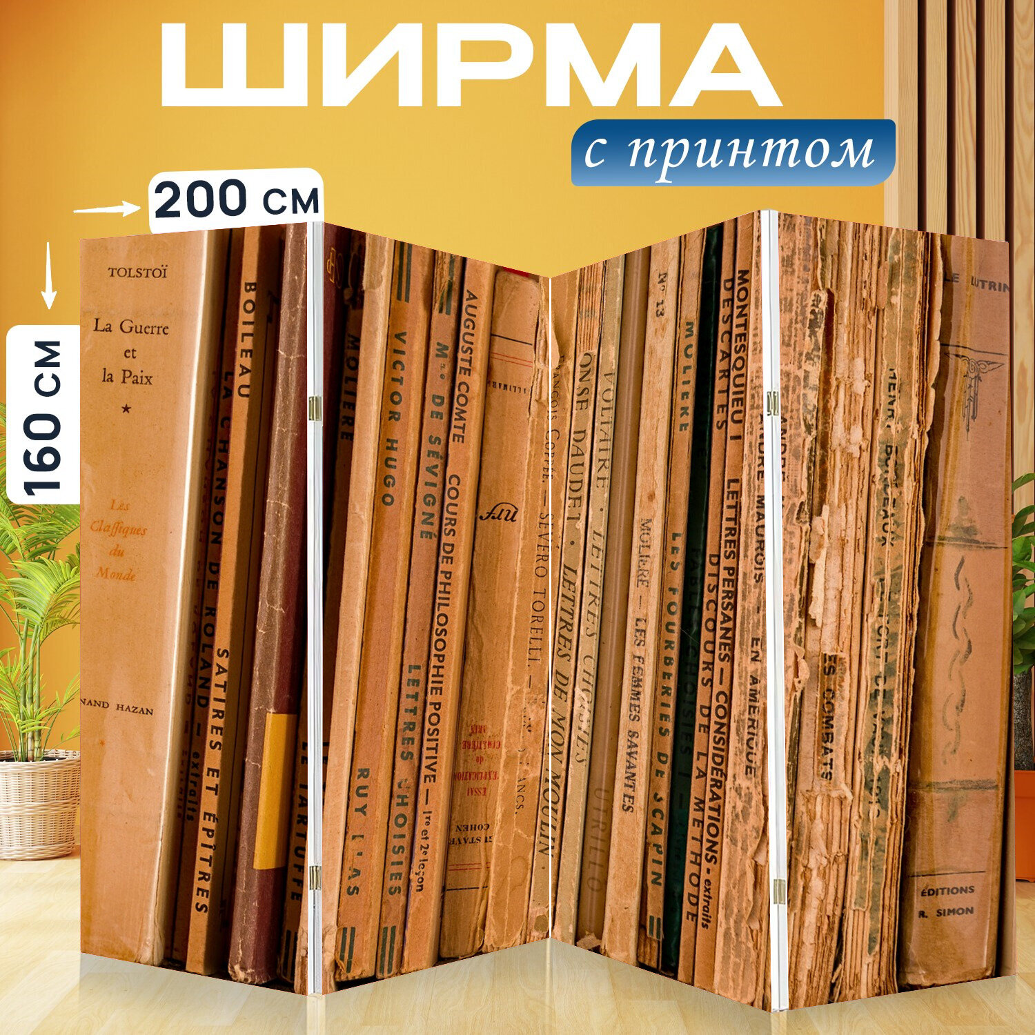 фото Ширма перегородка с принтом "Литература, книжный шкаф, библиотека" на холсте - 200x160 см. для зонирования, раскладная