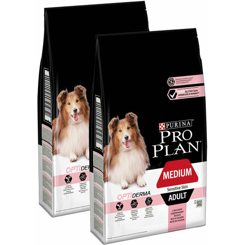 PRO PLAN ADULT DOG MEDIUM SENSITIVE SKIN для взрослых собак средних пород с чувствительной кожей с лососем и рисом (7 + 7 кг)