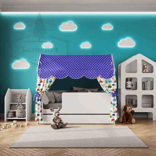 Кроватка детская домик с текстилем и ящиком (балдахин- синий, с машинками, выкатной ящик / ящик для хранения белья, игрушек ), Базовый, вход слева