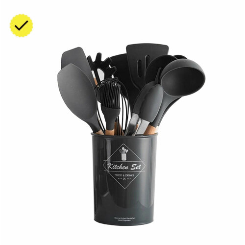 Набор силиконовых кухонных принадлежностей с деревянными ручками 12 в 1 Кухонные принадлежности с пластиковым держателем12 штДля кухни Черный 723₽