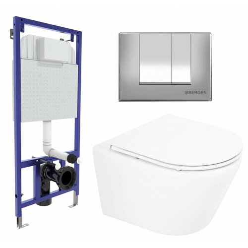 Комплект 3 в 1 инсталляция Berges Wasserhaus Novum 040242 + Унитаз подвесной BelBagno Tre BB8001CHR/SC + кнопка хром матовая