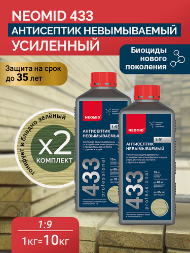 Изображение товара Neomid Антисептик невымываемый "Neomid 433 SuperEco" усиленный концентрат 1:9 2 штуки в комплекте по 1 кг
