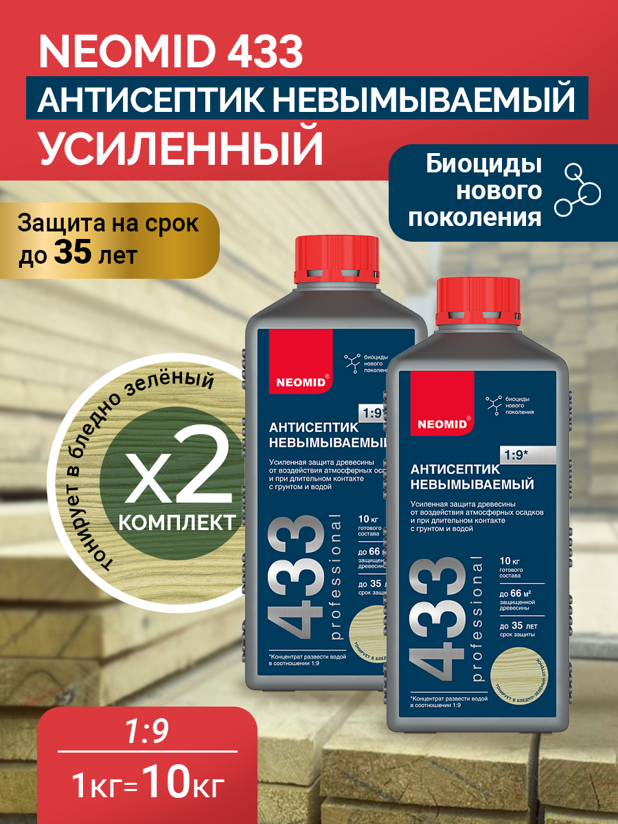 Neomid Антисептик невымываемый "Neomid 433 SuperEco" усиленный концентрат 1:9 2 штуки в комплекте по 1 кг