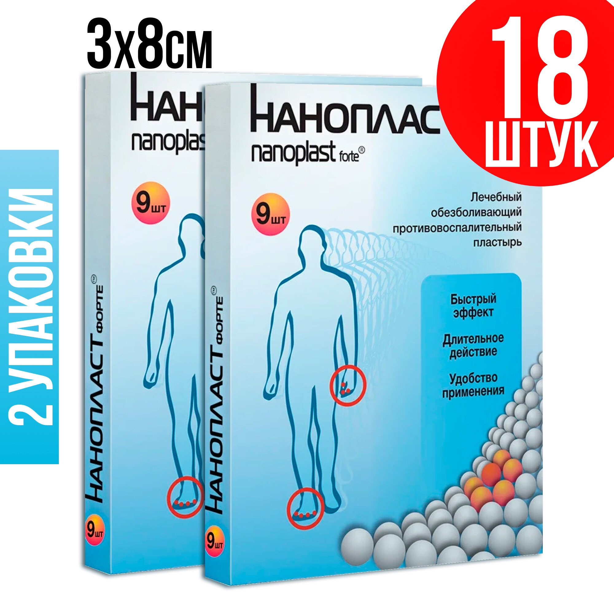 Лейкопластырь Нанопласт форте обезболивающий, 3x8см №9, 2 упаковки