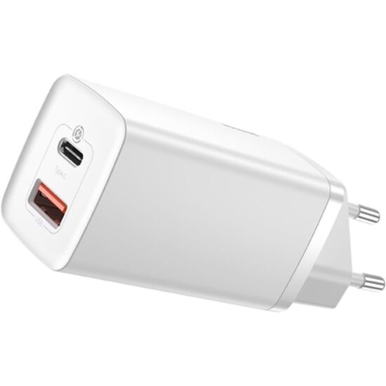 Сетевое зарядное устройство Baseus GaN2 Lite Quick Charger, USB-C + USB-А, 65 Вт, EU, белый