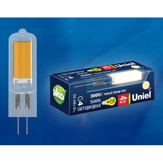 Светодиодная лампа Uniel LED-JC-220/4W/3000K/G4/CL GLZ08TR прозрачная. Теплый белый свет (3000К). Картон. ТМ .