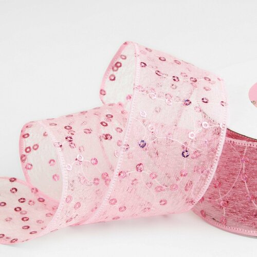 Ленточка для подарков / шитья, лента для рукоделия / для бантов декоративная Пайетки, 40 мм, 9 +- 0,5 м, цвет розовый