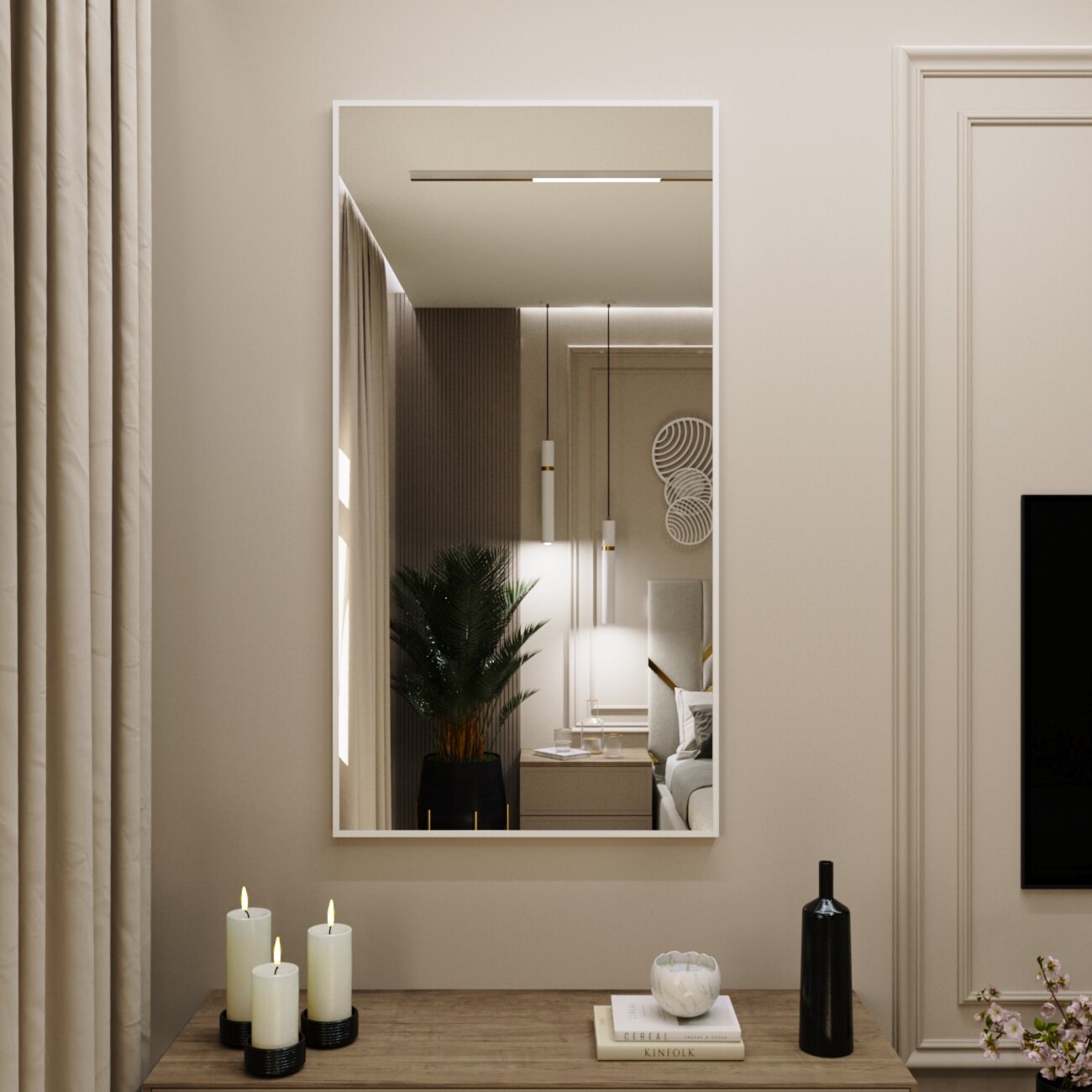 Зеркало интерьерное в алюминиевой раме настенное Market-house 130х60 см. Белое