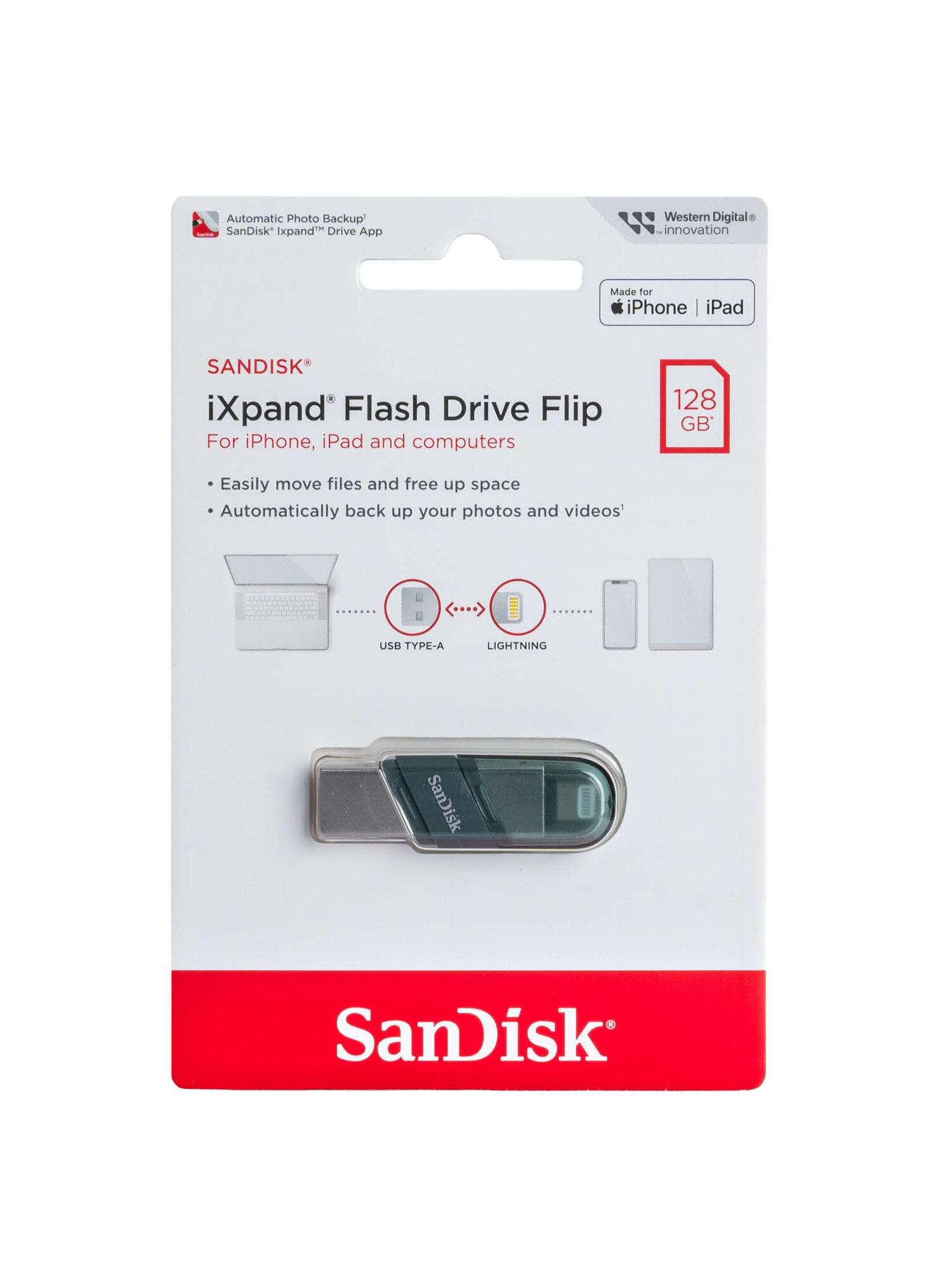 Флеш-накопитель SanDisk 128 ГБ iXpand Flash Drive Flip Lightning для iPhone и iPad USB 3.1