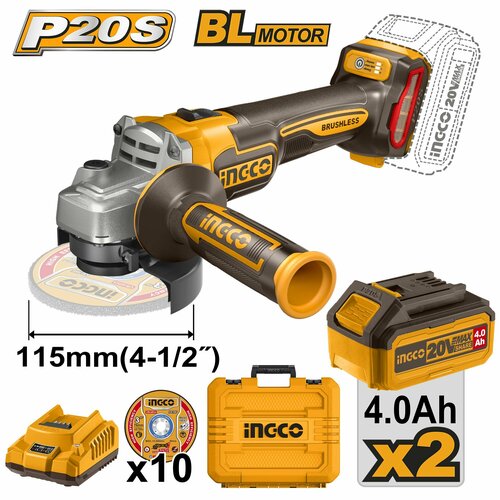 Угловая шлифовальная машина аккумуляторная бщ 115 мм INGCO CAGLI211542 INDUSTRIAL 15610₽